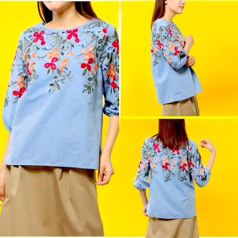 Kindred Anthropologie blue floral embroidered blouse, colorful boho style M